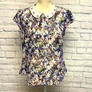 I Heart Ronson Flutter Sleeve Chiffon Sheer Top with Rhinestone Collar Size M